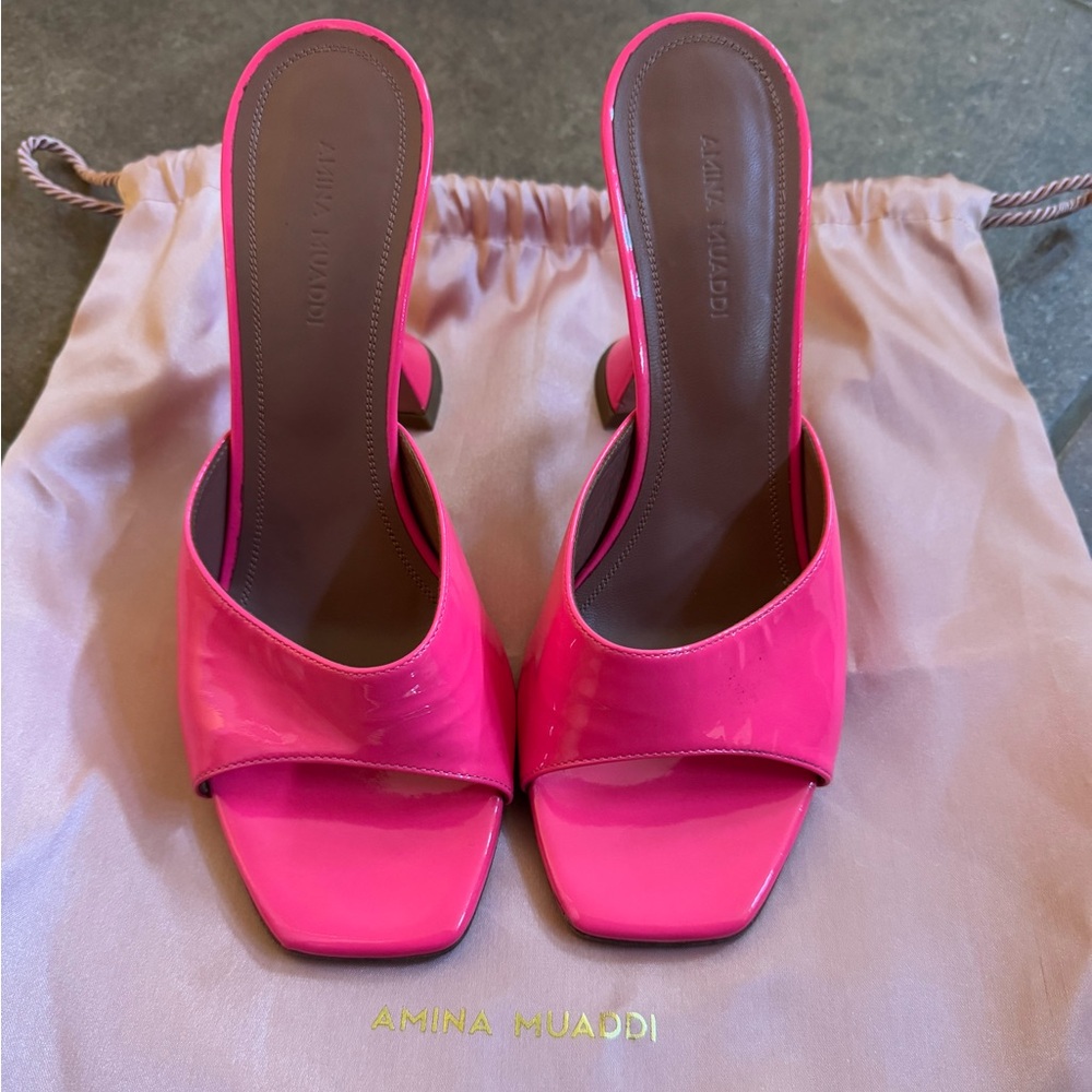 Amina Muaddi hot pink patent mules heels